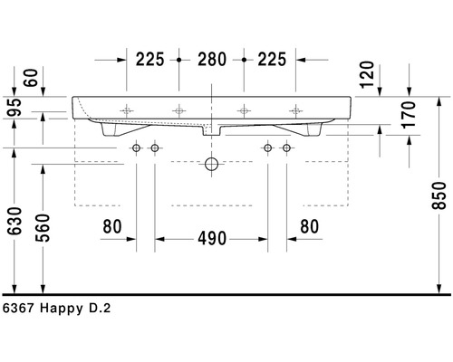 Technische tekening van de Happy D.2 wastafel met afmetingen