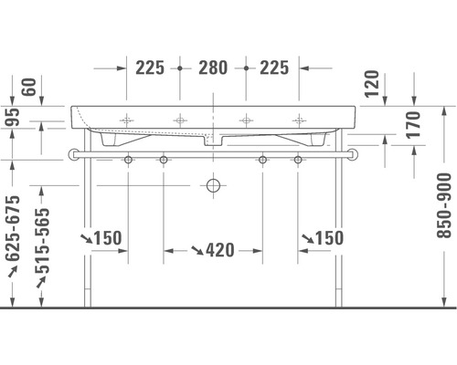 Maattekening van een wastafel met de afmetingen in millimeters