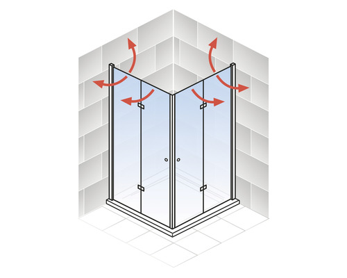 Hoekdouche met ventilatiepijlen in een badkamer