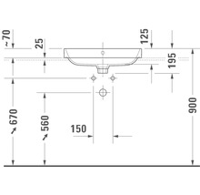 Technische tekening van een wastafel met afmetingen