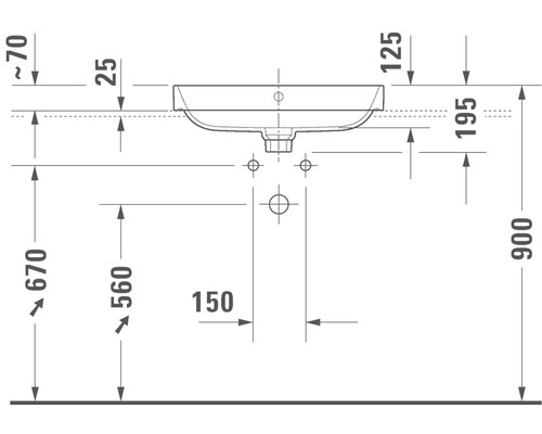 Technische tekening van een wastafel met afmetingen