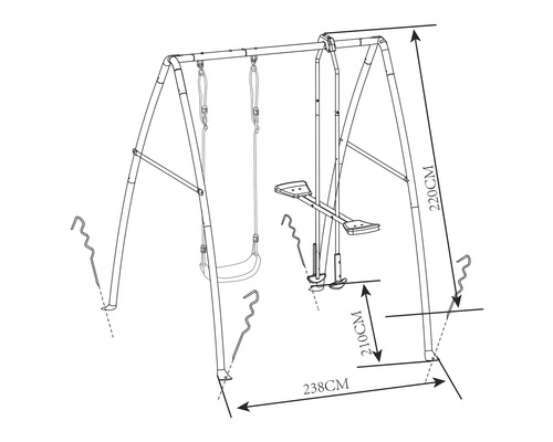 Schets van een kinderschommel met de afmetingen 220 cm hoog, 238 cm lang en 210 cm afstand tussen het pedaal en de grond.