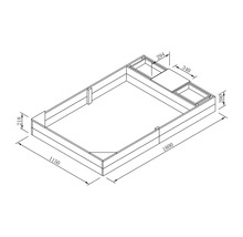 Technische tekening van een verhoogde tuinbak met de afmetingen 1800 x 1150 x 218 millimeter en plantenbak met de afmetingen 340 x 294 x 200 millimeter
