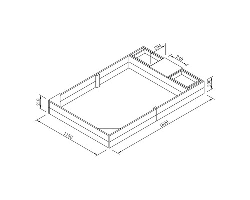 Technische tekening van een verhoogde tuinbak met de afmetingen 1800 x 1150 x 218 millimeter en plantenbak met de afmetingen 340 x 294 x 200 millimeter