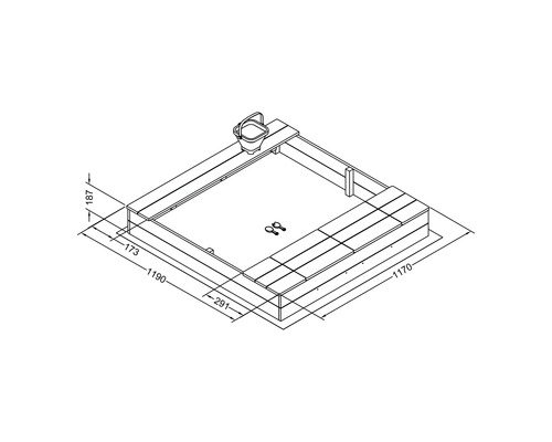 Technische tekening van een zandbak met afmetingen van 1170 x 1190 mm