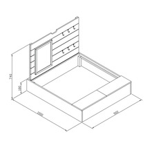 Technische tekening van een zandbak met afmetingen van 1000 x 900 x 180 x 740 millimeter, inclusief haken en frame