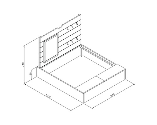 Technische tekening van een zandbak met afmetingen van 1000 x 900 x 180 x 740 millimeter, inclusief haken en frame