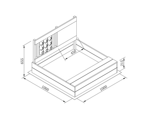 Technische tekening van een zandbak met de afmetingen 1000 x 1000 x 655 mm