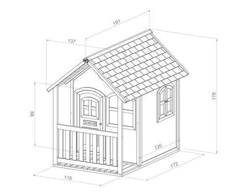 Technische tekening van een speelhuis met afmetingen