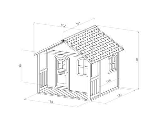 Afmetingen tekening van een speelhuis met veranda, deur en ramen