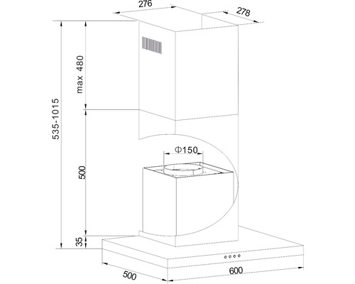 Technische tekening van een afzuigkap met afmetingen