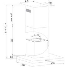 Technische tekening van een afzuigkap met afmetingen.