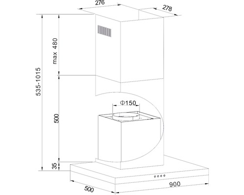 Technische tekening van een afzuigkap met afmetingen.