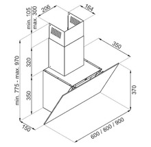Technische tekening van een afzuigkap met afmetingen