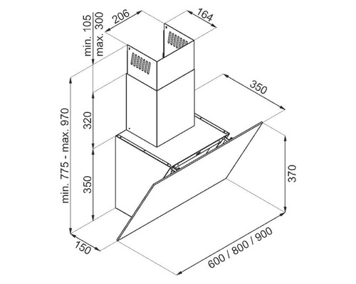 Technische tekening van een afzuigkap met afmetingen
