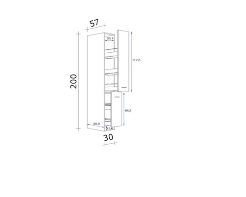 Technische tekening van een hoge kast met afmetingen.