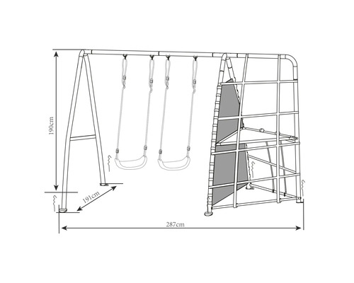 Technische tekening van een speeltoestel met twee schommels en een klimwand met de afmetingen 190, 191 en 287 centimeter.