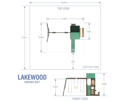 Bovenaanzicht en vooraanzicht van een Lakewood schommel met afmetingen