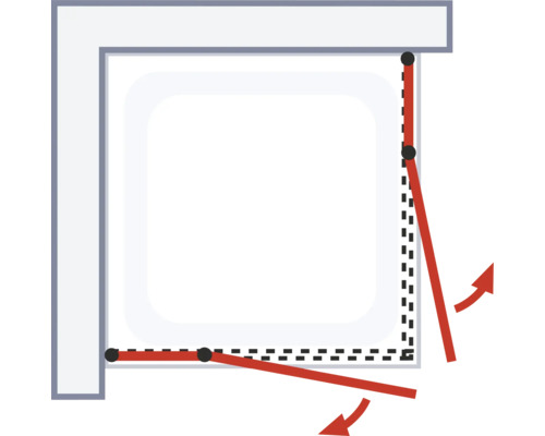 Schematische weergave van een douchecabine met draaideuren