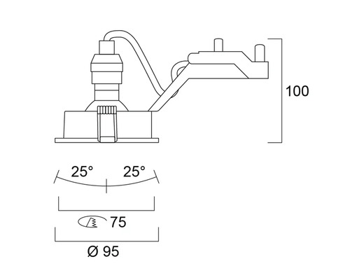 Technische tekening van een inbouwlamp met maatvoering
