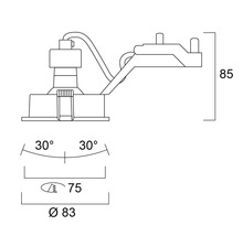 Technische tekening van een inbouwlamp met afmetingen