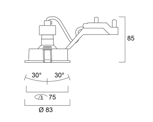 Technische tekening van een inbouwlamp met afmetingen
