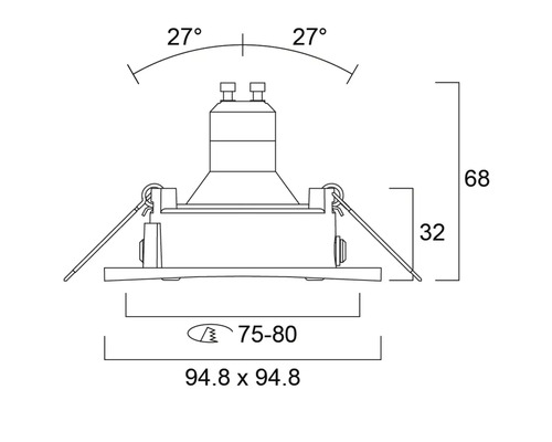 Technische tekening van een inbouwlamp met afmetingen