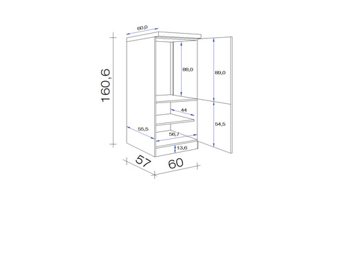 Technische tekening van een hoge kast met afmetingen.