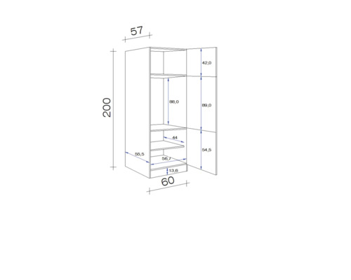 Technische tekening van een kast met maatvoering