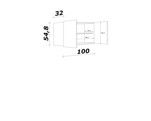 Technische tekening van een wandkast met afmetingen