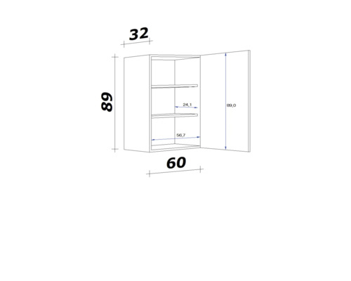 Technische tekening van een hangkast met afmetingen