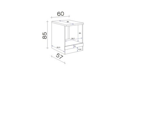 Technische tekening van een meubel met afmetingen in centimeters
