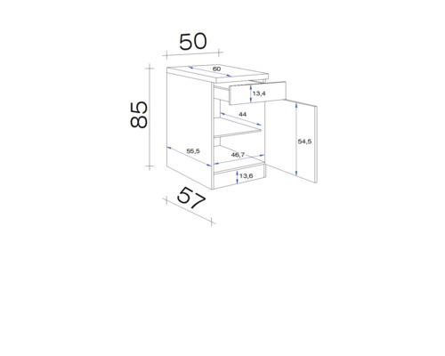 Technische tekening van een onderkast met lade en deur inclusief afmetingen