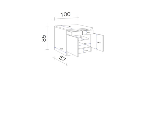 Technische tekening van een wastafelonderkast met afmetingen.