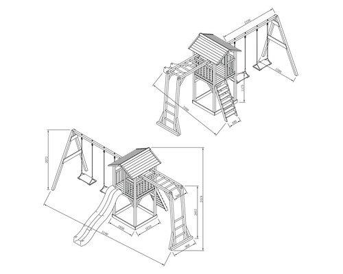 Maataanduiding van een speeltoren met schommel en glijbaan