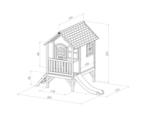 Technische tekening van een speelhuis met afmetingen