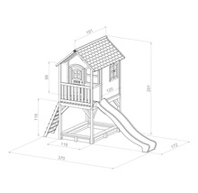 Technische tekening van een speelhuis met glijbaan en zandbak met afmetingen
