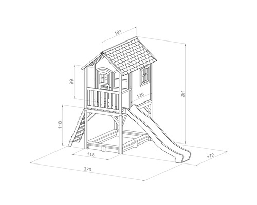Tekening van een speelhuis met zandbak en glijbaan met maatvoering