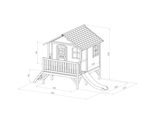 Technische tekening van een speelhuis met glijbaan en afmetingen
