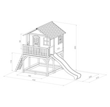 Afbeelding van een speelhuis met glijbaan en afmetingen.