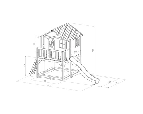 Illustratie van een speelhuis met glijbaan en afmetingen