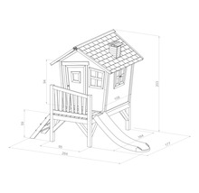 Technische tekening van een speelhuis met glijbaan en afmetingen.