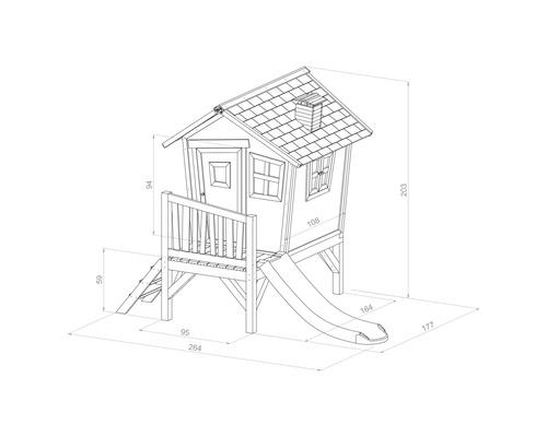 Technische tekening van een speelhuis met glijbaan en afmetingen.