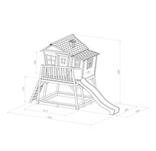 Afbeelding van een speelhuis met glijbaan en ladder met afmetingen.