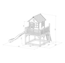 Afbeelding van een speelhuis met glijbaan en zandbak met afmetingen.