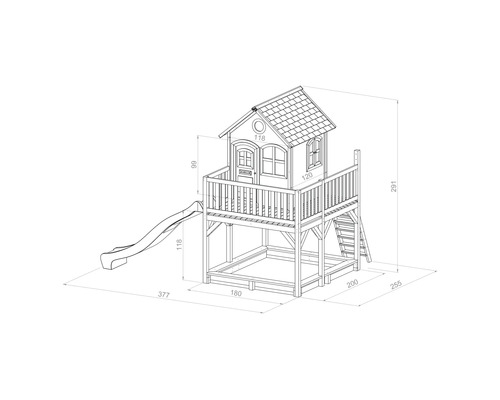 Afbeelding van een speelhuis met glijbaan en zandbak met afmetingen.