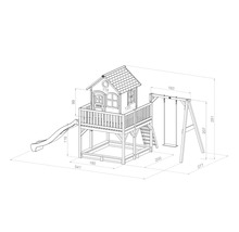 Maattekening van een speelhuis met glijbaan en schommel