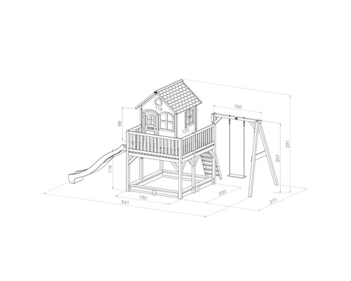 Tekening van een speelhuis met glijbaan, schommel en zandbak met maatvoering