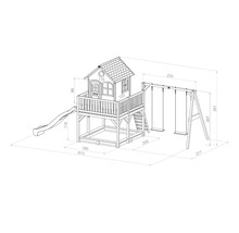Tekening van een speelhuis met schommel en glijbaan met afmetingen