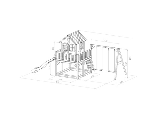 Tekening van een speelhuis met schommel en glijbaan met afmetingen